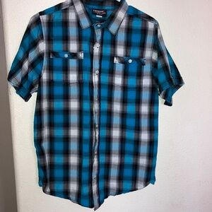 Ramped Up Kids dark Teal Blue and Black Button‎ Up